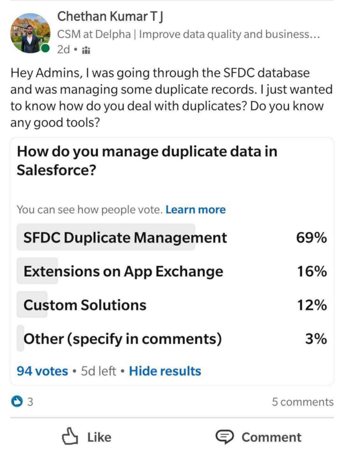 Admins voting for SFDC duplicate management in a poll