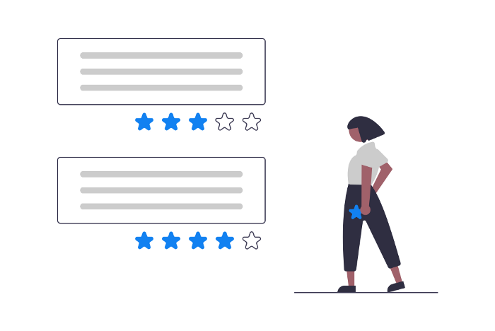 Customer success manager holding a star next to the review of customers