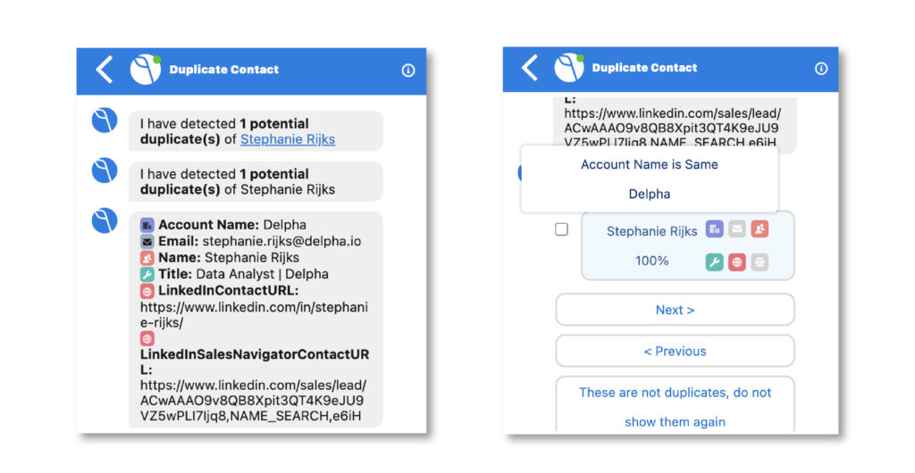 Delpha Duplicate conversation showing two duplicate Salesforce contacts