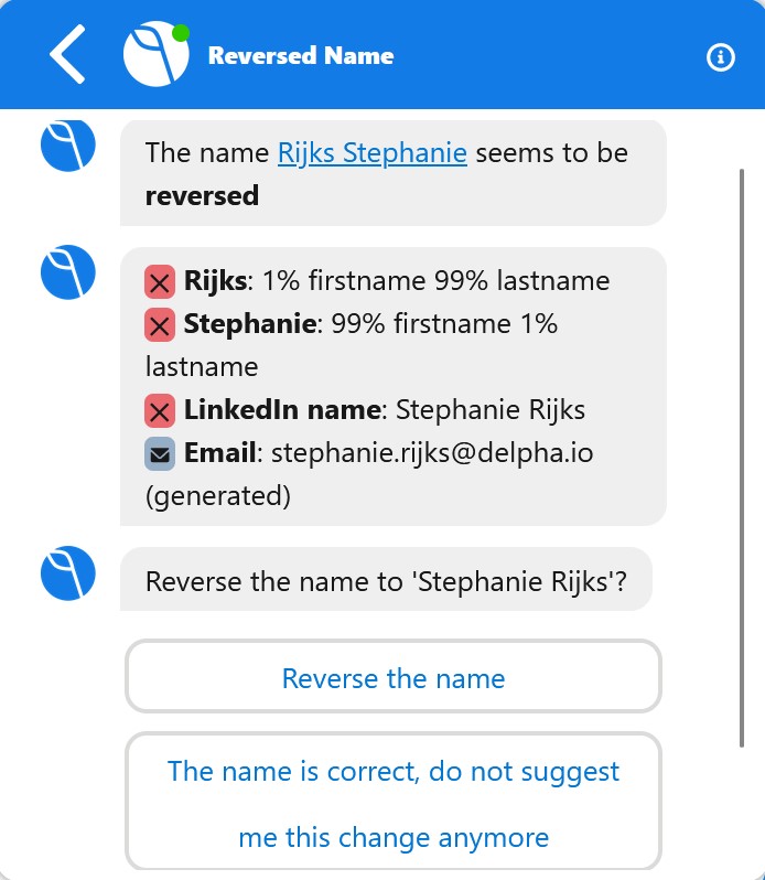 Delpha can detect when names are reversed and correct them for Salesforce users