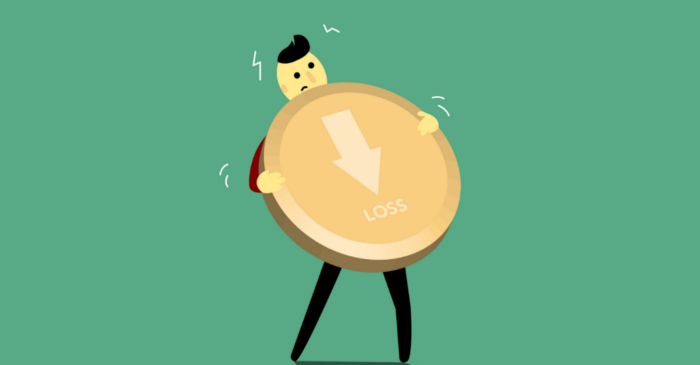 Vector man holding a large gold coin labeled with the word loss