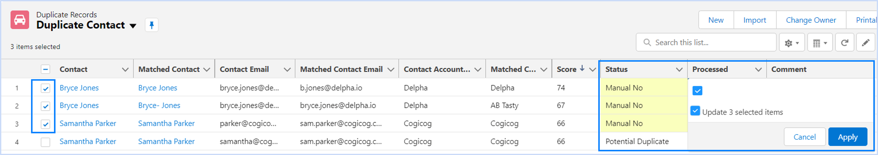 Screenshot indicating where Salesforce users can select which matched duplicates need to be kept separated.
