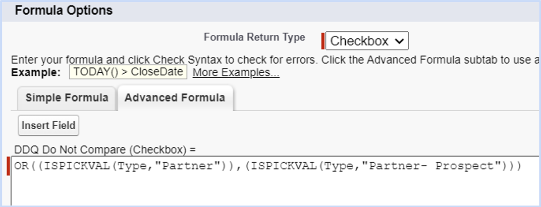 Screenshot of Salesforce formula to show how one can exclude certain account types from Delpha's duplicate analysis