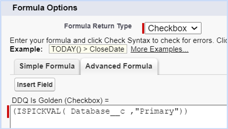 Screenshot of how to use Salesforce Formula and Delpha Custom Fields to auto select master records