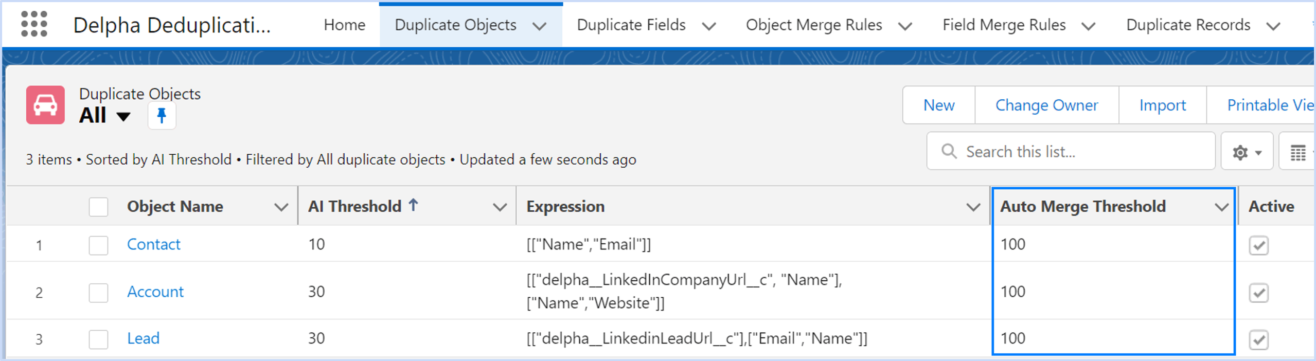 Screenshot of where Salesforce Admins can set the AI threshold to automate duplicate merges for each Object.