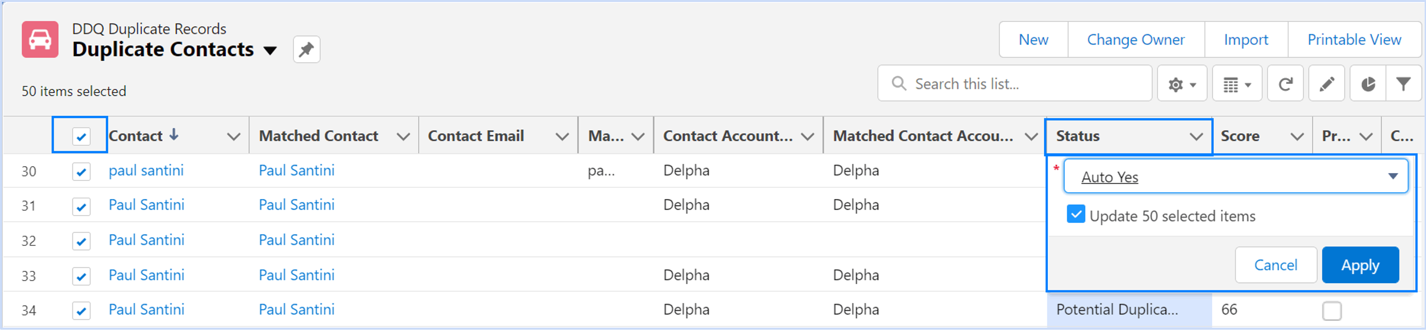Screenshot of how to mass merge duplicate records in Salesforce with Delpha