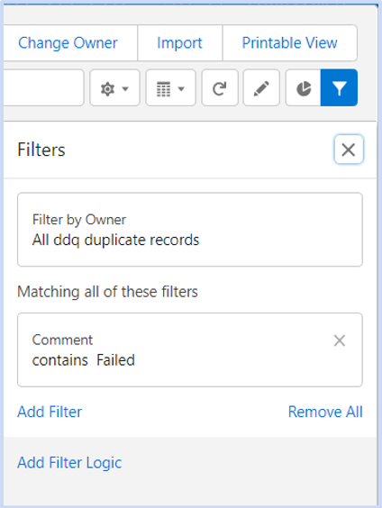 Screenshot of where users can filter for failed merge information